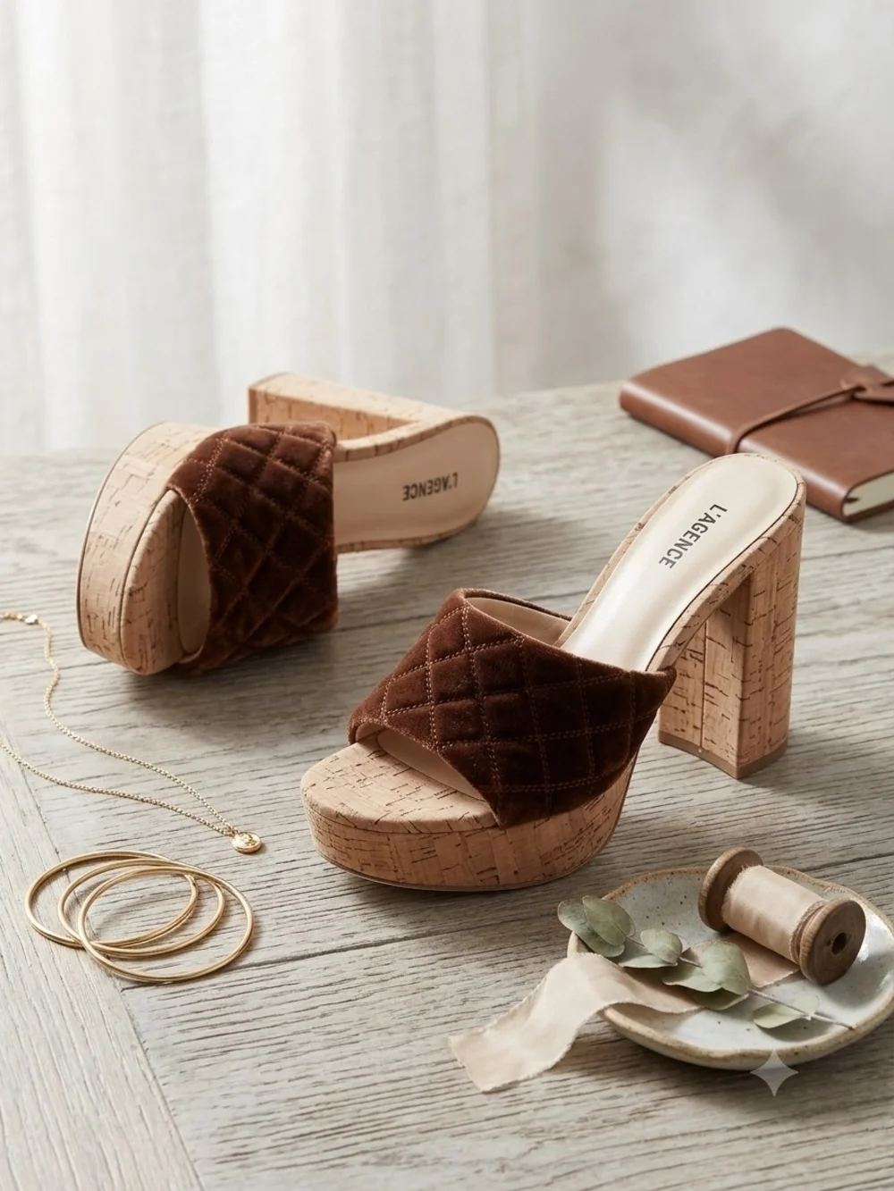 L'AGENCE Brown Quilted Cork Platform Mules